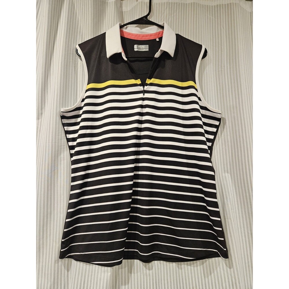 Callaway Opti-Dri Sleeveless Striped Golf Polo XL Black White Yellow Zipper